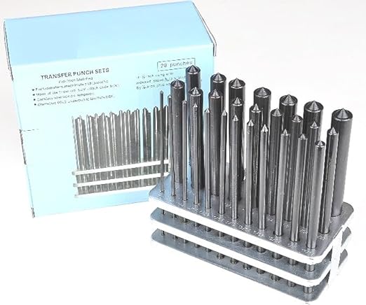 HHIP 8600-0041 28-Piece Transfer Punch Set ??3/32" to 1/2" by 64ths + 17/32", Precision Undersize .0025", Hardened Tool Steel, 4-7/8" Long, Black Oxide, Indexed Stand for Accurate Hole Transfer