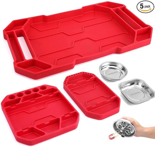 WORKPRO 5-Piece Non-Slip Tool Tray Set, 3-Piece Silicone Flexible Tools Organizers and 2-Piece Magnetic Parts Tool Tray, Tool Mat, Tool Holder, Tool Storage (Only Parts Tray Magnetic)