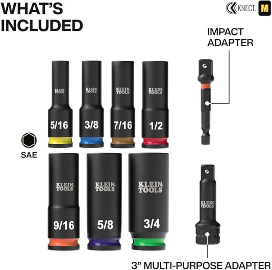 Klein Tools 65109IMPCT KNECT Deep-Well 3/8-Inch Drive Impact Socket Set, SAE, 9-Piece Tool Set with Impact Driver Adapter, Multi-Purpose Wrench Adapter, Color-Coded, MODbox Socket Organizer