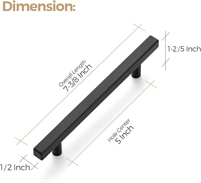 Ravinte 10 Pack 5 Inch Cabinet Pulls Black Sqaure Kitchen Cabinet Handles Black Cabinet Hardware Stainless Steel Drawer Pulls 7-3/8 Inch Overall Length with Mounting Template