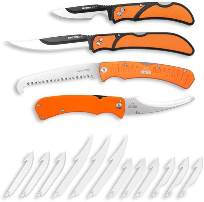 OUTDOOR EDGE RazorGuide Pak with Zip Pro & 12 Extra Blades | Hunting Knife Set Features Two Replaceable Blade Hunting Knives, Bone Saw, and Zip Pro Gutting Blade (Black Guide Pack Pro)