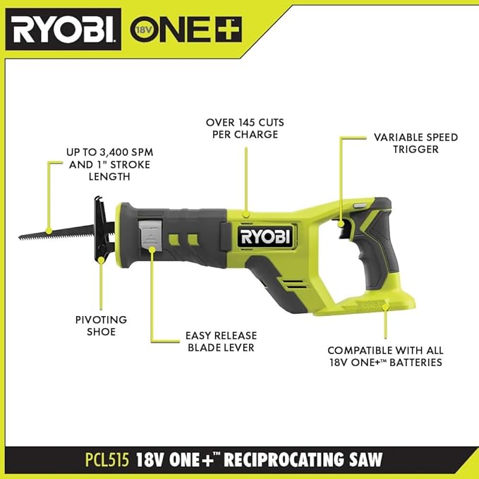 Cordless Reciprocating Saw Bundle - 18V Ryobi Reciprocating Saw Kit with 4.0 Ah Battery and 18-Volt Lithium-Ion Charger, Reciprocating Saw Blade Set, and 16 Inch Buho Tool Bag