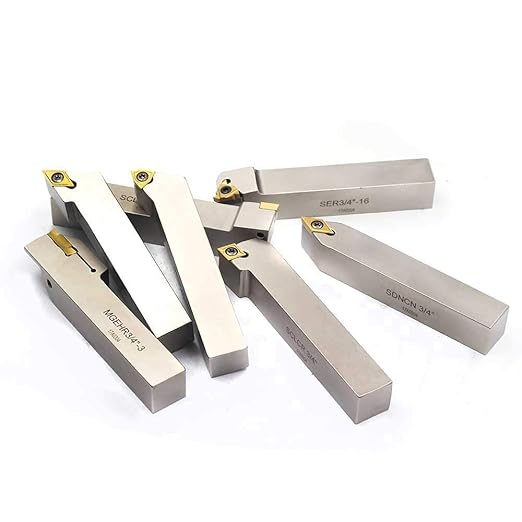 OSCARBIDE 3/4"Shank Nickel Plated Indexable Lathe Turning Tool Holder 7 Pieces/Set,CNC Heavy-Duty Metal Lathe Tools for Turning Grooving Threading Cut Off Holders Set,Tin Coated Carbide Inserts