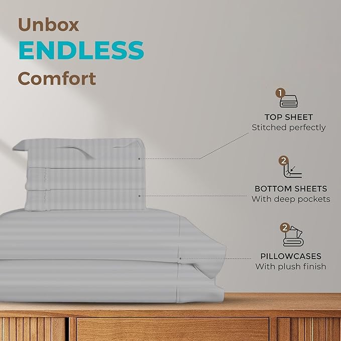 Split California King Sheets for Adjustable Beds 5-Piece Split California King Sheet Set, 800 Thread Count 100% Egyptian Cotton,15" Deep Pocket Adjustable Bed Sheets, Silver Stripe