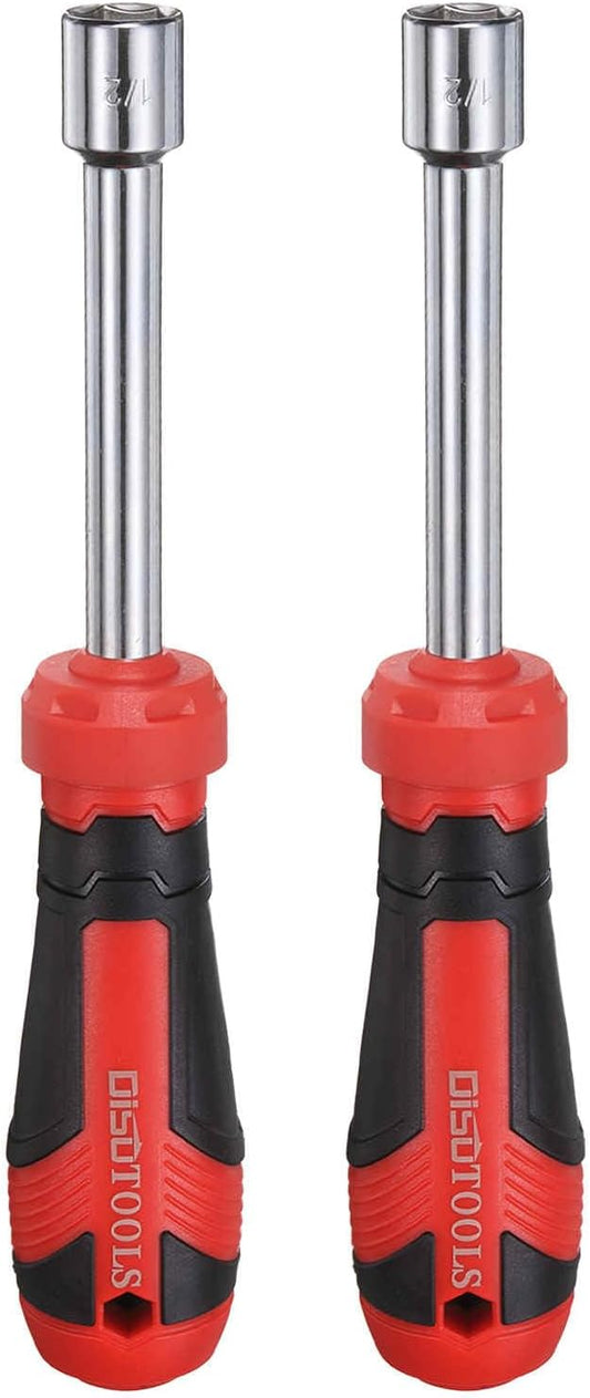 HARFINGTON 2 Pcs SAE Nut Driver 1/2" CR-V Non-Magnetic Tip Hollow Shafts Hex Socket Screwdriver with Anti-Slip Handle for Automobile Repair Bit Driver