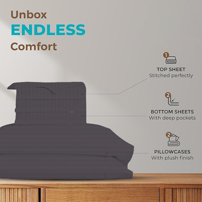 Split Queen Sheets for Adjustable Beds 5-Piece Split Queen Sheet Set, 800 Thread Count 100% Egyptian Cotton,21" Deep Pocket Adjustable Bed Sheets, Dark Grey Stripe