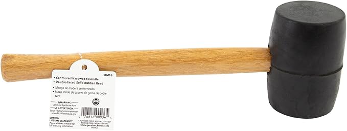 GreatNeck RM16 Rubber Mallet, 16 Oz. Rubber Hammer, Mallet with Hardwood Handle, Surface-Safe for Woodworking, Automotive, and Tile Projects