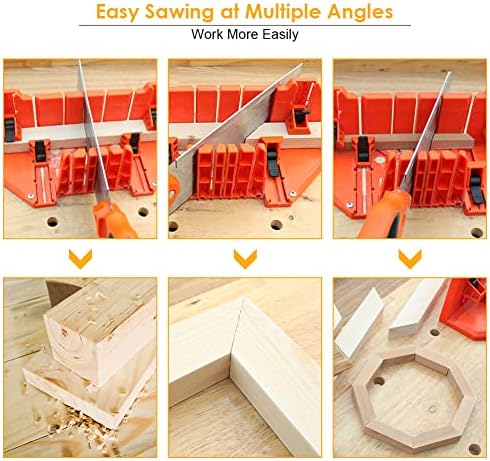 Miter Box, Woodworking Clamping Mitre Saw Box Precision Hand Mitre Box with 22.5째 45째 90 째 0째 4 Angle Slot Types and Double Sided Teeth for Accurate Cutting, 14 x 4.3 x 5.9inch