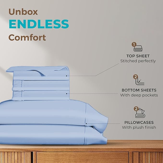 Split Queen Sheets for Adjustable Beds 5-Piece Split Queen Sheet Set, 800 Thread Count 100% Egyptian Cotton,18" Deep Pocket Adjustable Bed Sheets, Light Blue Solid