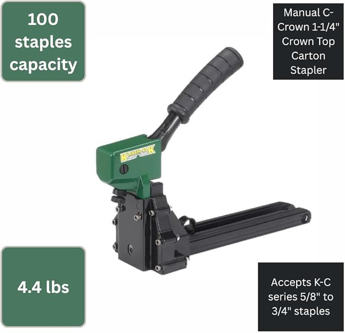 Klinch-Pak KP-CM Manual Carton Closing 1-1/4" C-Crown Top Stapler for 5/8" to 3/4" K-C Series Staples, Ideal for Folding Boxes, Complete Overlap and Other Corrugated Cardboard Applications