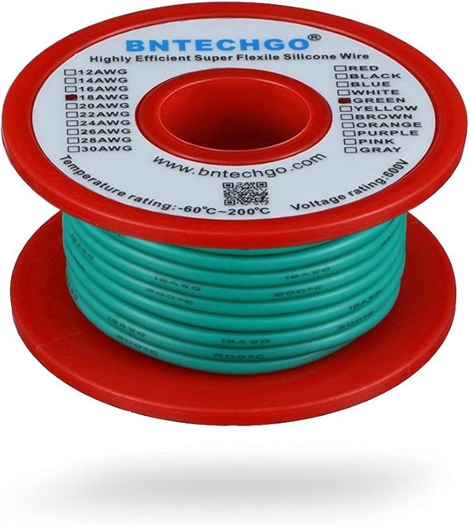 BNTECHGO 18 Gauge Silicone Wire Spool 50 ft Green Flexible 18 AWG Stranded Tinned Copper Wire
