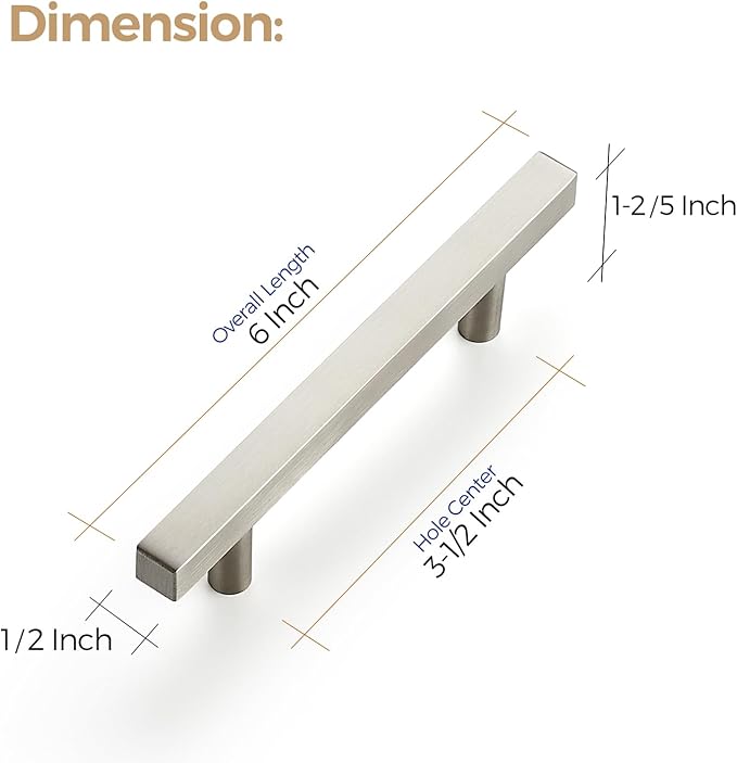 Ravinte 10 Pack 3-1/2 Inch Cabinet Pulls Brushed Nickel Sqaure Kitchen Cabinet Handles Silver Cabinet Hardware Stainless Steel Drawer Pulls 6 Inch Overall Length with Mounting Template