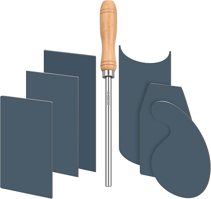 Therwen Card Scraper Burnisher and 6 Pcs Cabinet Scraper Set for Woodworking Card Woodworking Burnishing Tool Include 3 Rectangle 1 Gooseneck and Curved 1 Beveled Hand(Blue)