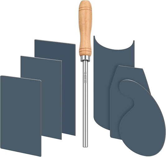 Therwen Card Scraper Burnisher and 6 Pcs Cabinet Scraper Set for Woodworking Card Woodworking Burnishing Tool Include 3 Rectangle 1 Gooseneck and Curved 1 Beveled Hand(Blue)