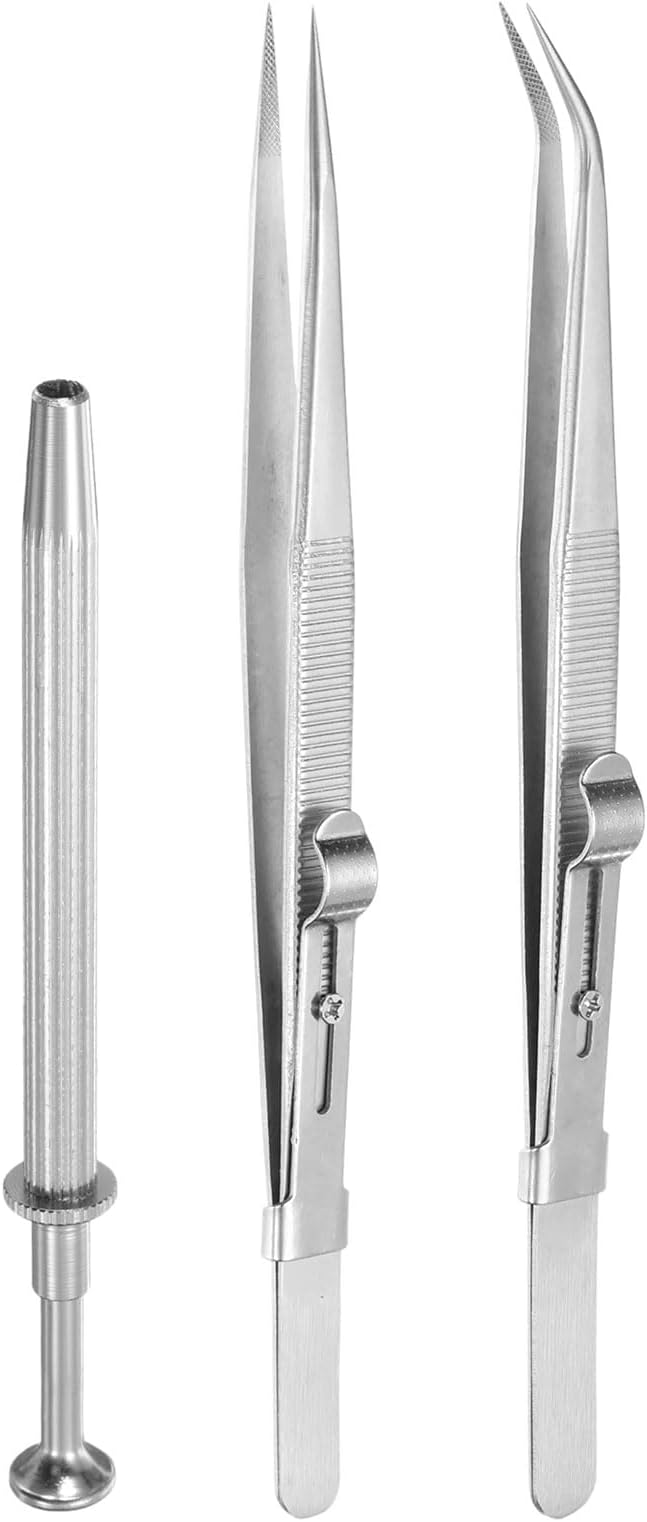 HARFINGTON 3pcs Diamond Tweezer Holder Pick Up Tool Set Stainless Steel 4 Claw Holder Straight/Elbow Head Jewelry Locking Tweezer for Tiny Objects Electronic Components, Silver