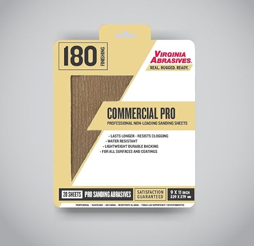 Virginia Abrasives 9??x 11??Commercial Pro Sandpaper Sanding Sheets, 180 grit, 20 Pack