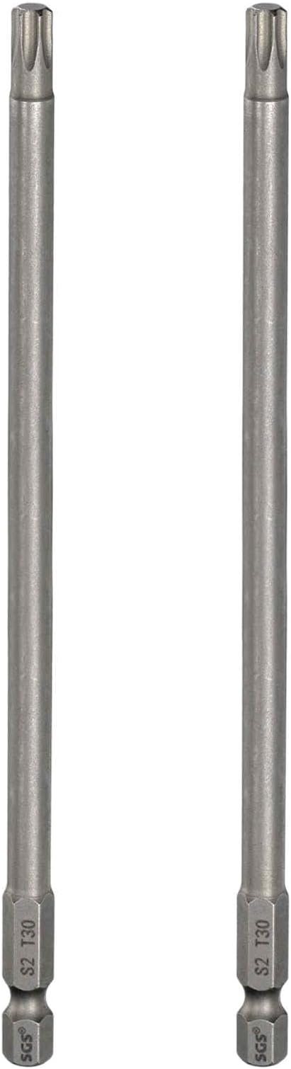 HARFINGTON 2pcs T30 Torx Head Screwdriver Bit 1/4" Hex Shank 6" (150mm) Long Magnetic No Hole Tip Tamper Proof 6 Point Star Screw Driver Drill Bits S2 Steel Industrial Power Screwdrivers