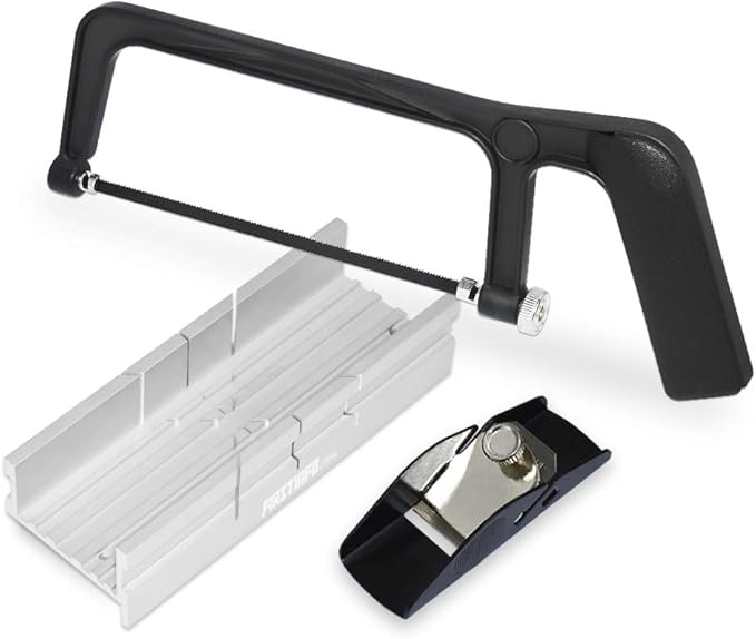 FIRSTINFO H5406 Aluminum Thin Slot Miter Box Set with Mini Hacksaw and Trimming Planer, Slot Angles 45, 90, 135 Degree