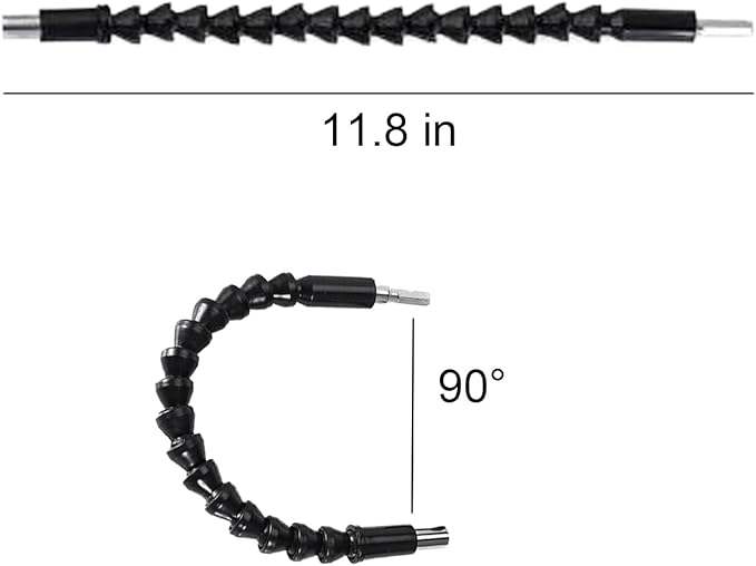 17-Pieces Flexible Drill Bit Extension Set with 3 rotatable socket adapters, 2 hex shank 105째 right angle drill attachments, 10 short screwdriver bits, and a 90째 angled bit with a flexible extension