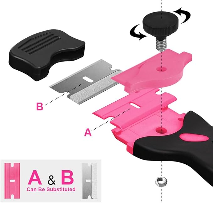 Ainiv Razor Blade Scraper, 2-in-1 Scraper Tool with 10PCS Metal Blades and 10PCS Plastic Blades, Multi-funtional Cleaning Razor Scraper for Decals, Stickers, Labels, Caulk, Adhesive Removal(Pink)