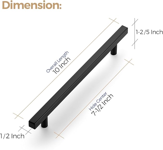 Ravinte 20 Pack 7-1/2 Inch Cabinet Pulls Black Sqaure Kitchen Cabinet Handles Black Cabinet Hardware Stainless Steel Drawer Pulls 10 Inch Overall Length with Mounting Template