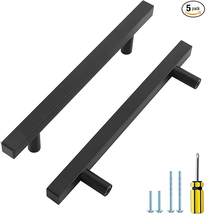 Ravinte Black Cabinet Handles 5 Pack 5 inch Matte Black Square Cabinet Pulls Kitchen Hardware Modern Pulls 7-3/8 inch Overall Length Kitchen Drawer Handles