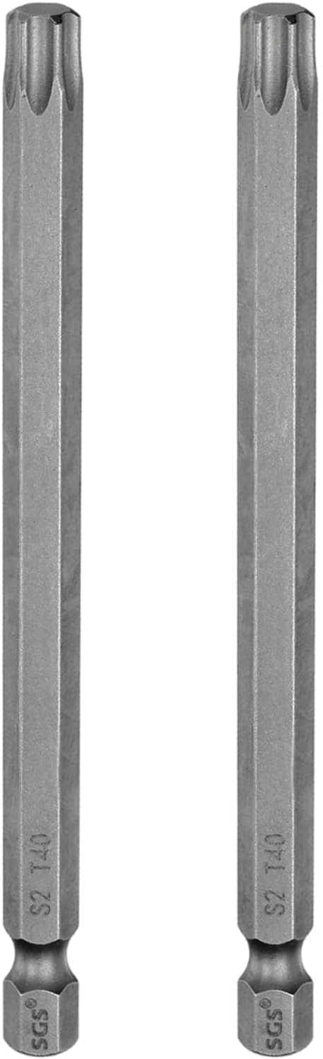 HARFINGTON 2pcs T40 Torx Head Screwdriver Bit 1/4" Hex Shank 4" (100mm) Long Magnetic No Hole Tip Tamper Proof 6 Point Star Screw Driver Drill Bits S2 Steel Industrial Power Screwdrivers