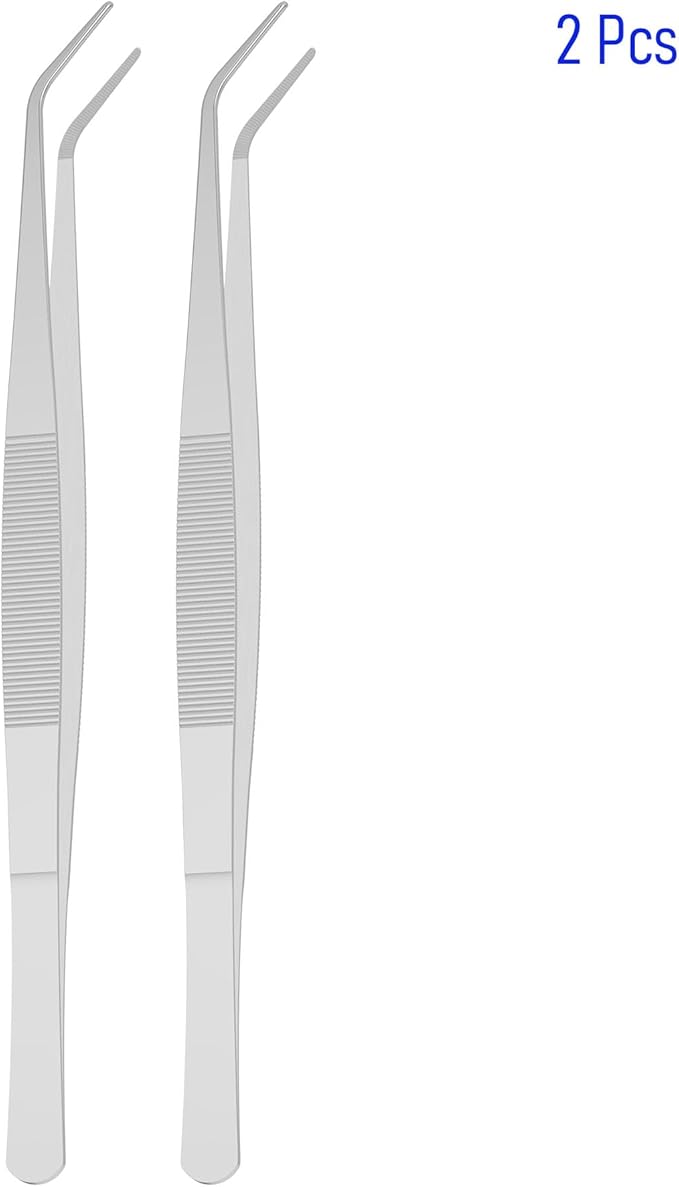 2 PCS 5 Inch Stainless Steel Tweezers with Curved Pointed Serrated Tip, Perfectly Aligned, 3/64 Inch Thickness Stainless Steel, Multipurpose Daily Garden Home Lab Craft Repairing Tool