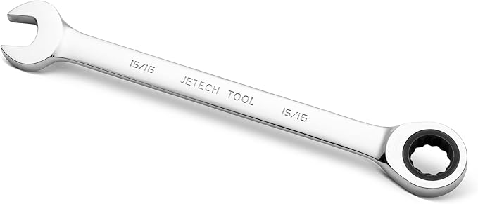 Jetech 15/16 inch Ratcheting Combination Wrench, Industrial Grade Gear Spanner with 12-Point Design, 72-Tooth Ratchet, Forged and Heat-Treated Cr-V Steel, SAE