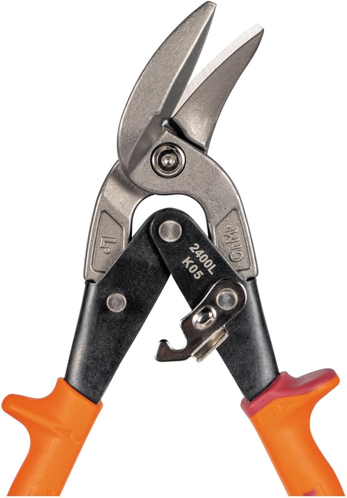 Klein Tools 2400L Left-Cutting Offset Snips, Aviation Tin Snips with Forged Blade for Precision Sheet Metal Cutting