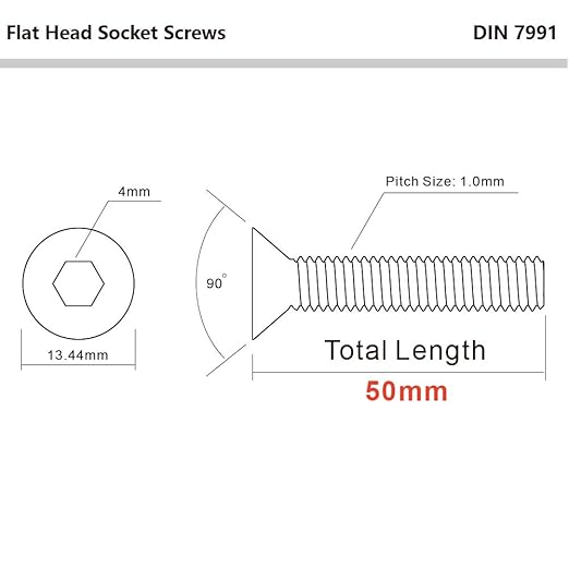MewuDecor M6-1.0 x 50mm Flat Head Socket Cap Screws, Stainless Steel 18-8 (304), Bright Finish, DIN 7991, Allen Socket Drive, 25 PCS