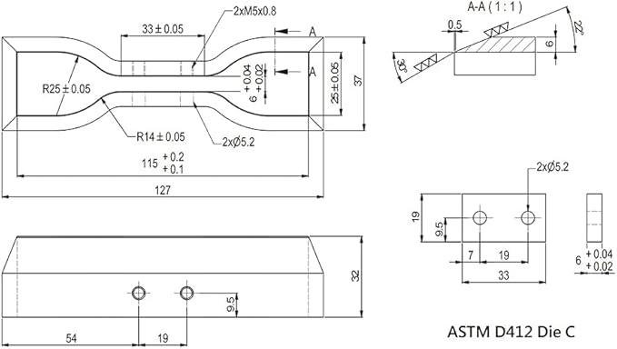 Dumbbell and Straight Section Shape Cutter for ASTM/ISO/JIS Standards for Rubber Specimen Test utilizing Tensile Testing Machine Made by Wire-Cut EDM and Quenching (ASTM D412 Die C)