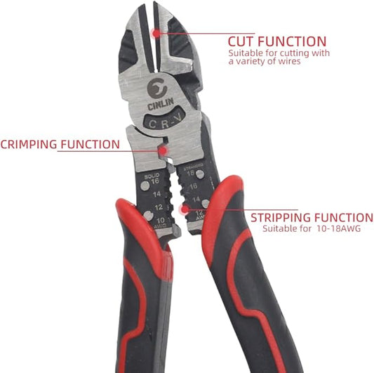 3-in-1 Diagonal Cutting Pliers, 7.5" Multifunction Heavy Duty Side-Cutting/Stripping/Crinmping function, Wire Cutters with Ergonomic Handle for Electricians and Homes.CIN-DC1 Pliers