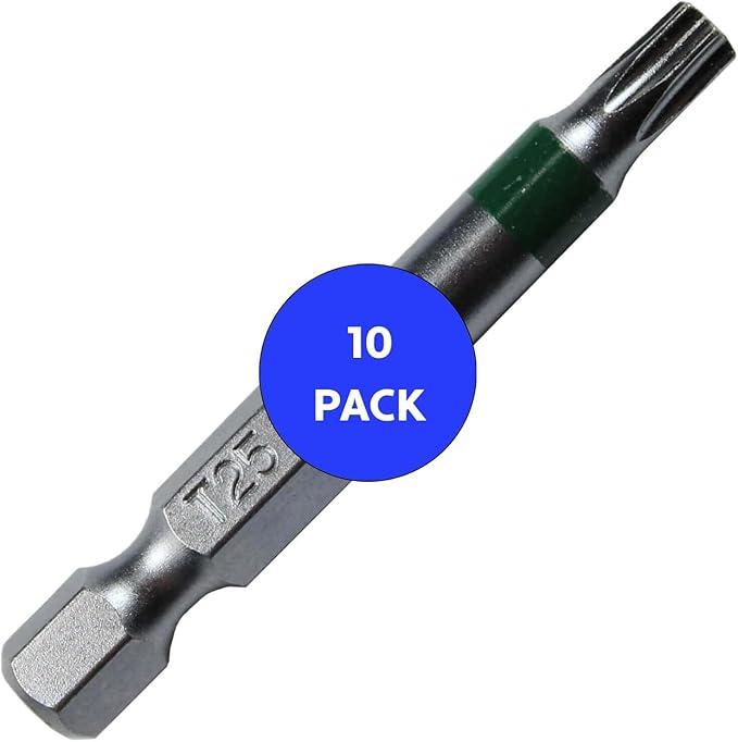 T25 x 2" Color-Coded Torx/Star Driver Bit with Quick-Change Shank - Precision Fit for T-25 Screws and Fasteners, 10-Pack