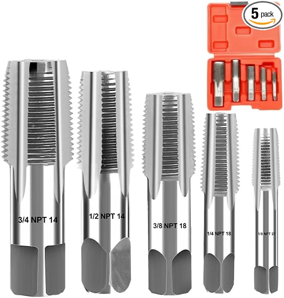 5Pieces NPT Pipe Tap Set, 1/8", 3/4", 1/2", 3/8", 1/4" Precision Carbon Steel NPT Tap Set, for Clean Accurate Threads, Assorted Plumbers Mechanics DIY Thread Cutting Tools