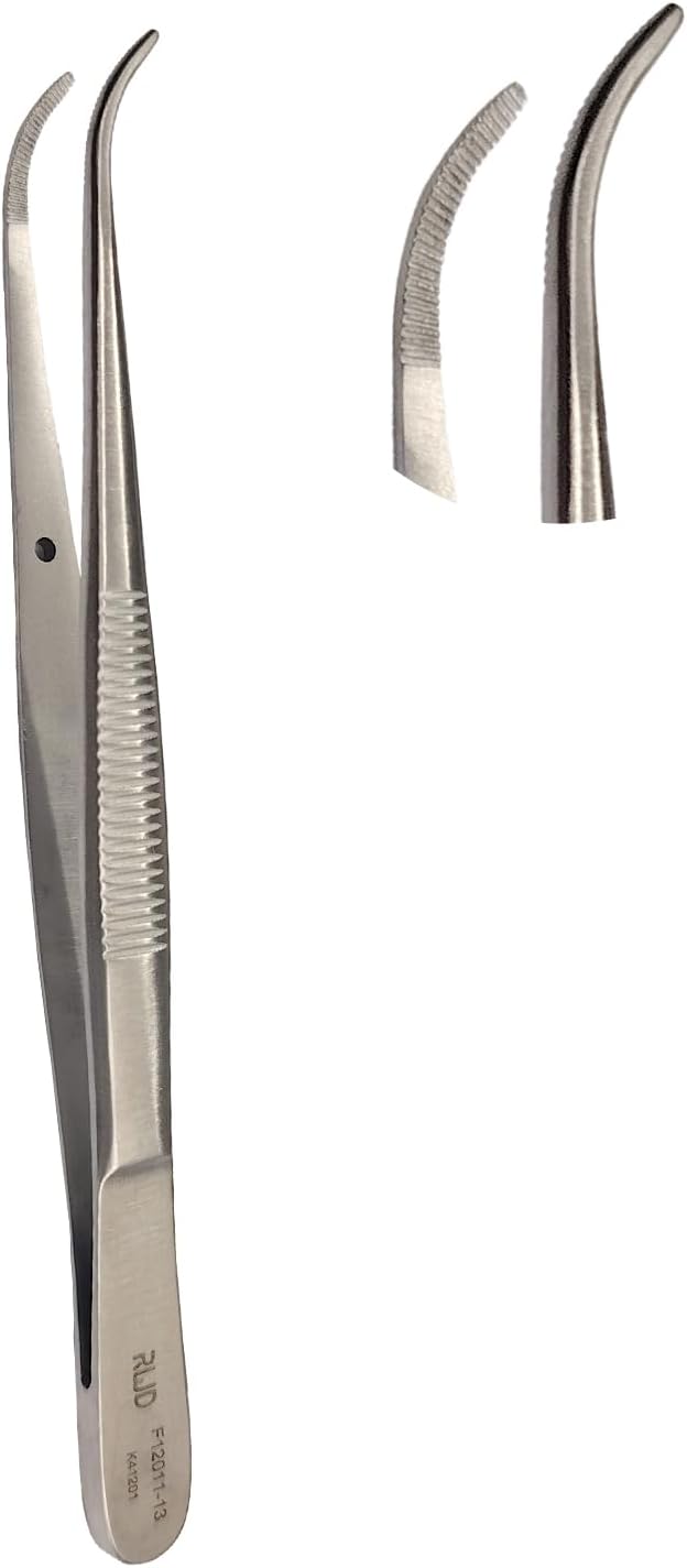RWD Dressing Forceps 5", Martensitic Stainless Steel Medical Tweezers, 1.2mm Width Serrated Curved Tip, Micro Forceps Tweezer, Surgical Tweezer for High-Precision Handling (F12011-13)