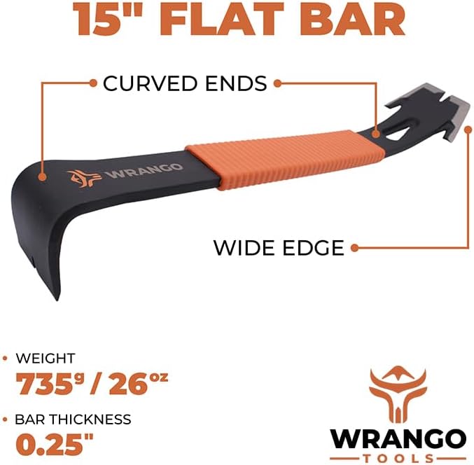 Wrango Tools 15" Flat Bar Pry Bar - Heavy Duty Crowbar with Nail Puller - High Carbon Steel with Soft Shock Absorbing Grip & Wide Winged Ends - Demolition Tools for Home Improvement & Construction
