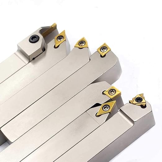 OSCARBIDE 3/4"Shank Nickel Plated Indexable Lathe Turning Tool Holder 7 Pieces/Set,CNC Heavy-Duty Metal Lathe Tools for Turning Grooving Threading Cut Off Holders Set,Tin Coated Carbide Inserts
