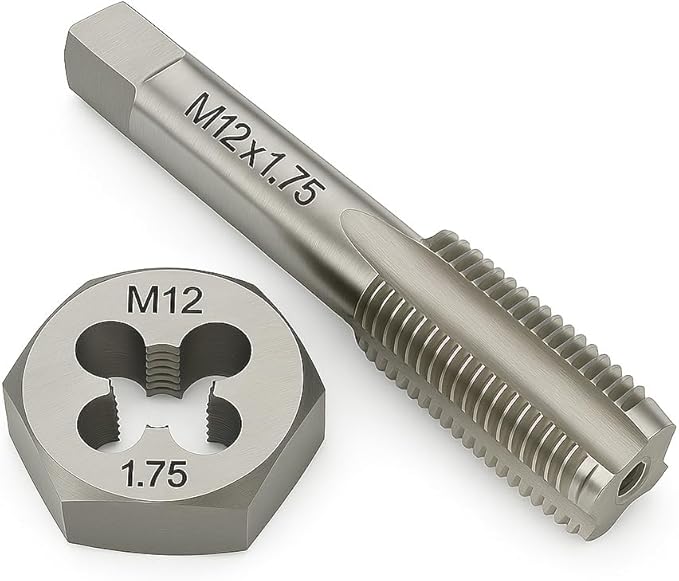 M12x1.75 Metric Tap and Die Set Right Hand HSS Tap & GCr15 Hex Die for Metal Thread Repair