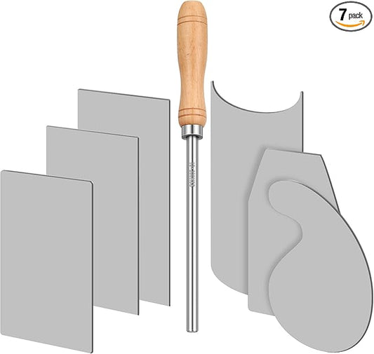 Therwen Card Scraper Burnisher and 6 Pcs Cabinet Scraper Set for Woodworking Card Woodworking Burnishing Tool Include 3 Rectangle 1 Gooseneck and Curved 1 Beveled Hand(Silver)