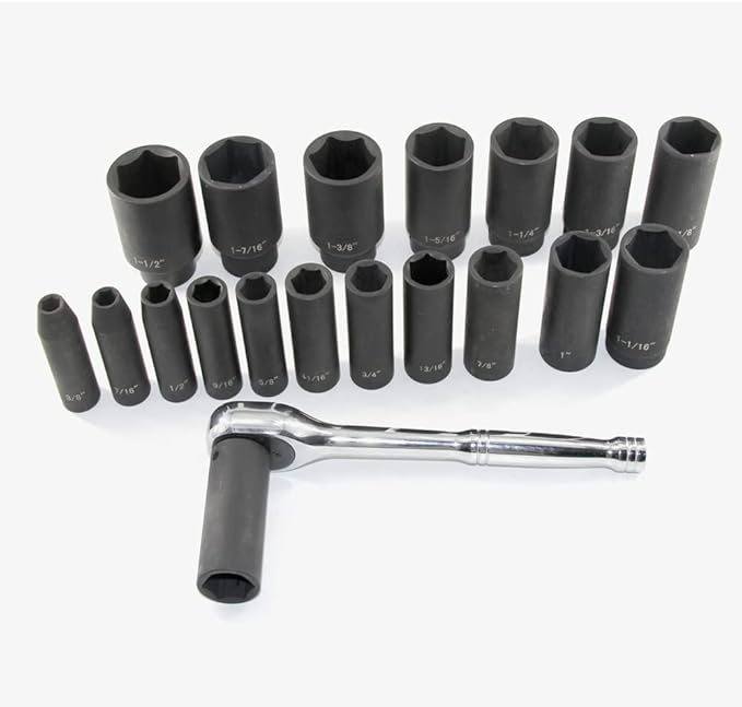 19pcs 1/2" Impact Socket Set, 6-Point Deep Socket, Cr-V Steel, 3/8 inch - 1-1/2 inch