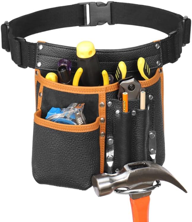 Tool Belt,Morrales de Construccion,Carpenter Tool Belt,Leather Tool Pouch,Comes with an Adjustable Padded Belt,Large-Capacity Tool Pouches,a Hammer Holder
