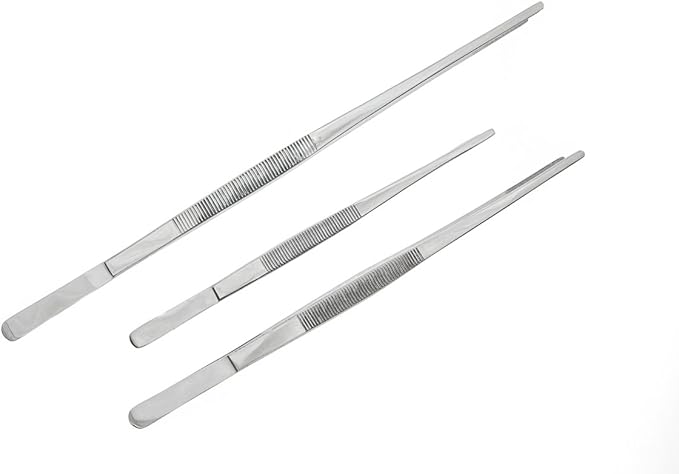 SE 3-Piece Stainless Steel Tweezer Set with Serrated Tips - Includes 8", 10", and 12" Sizes for Precision Work and General Use TW2-408