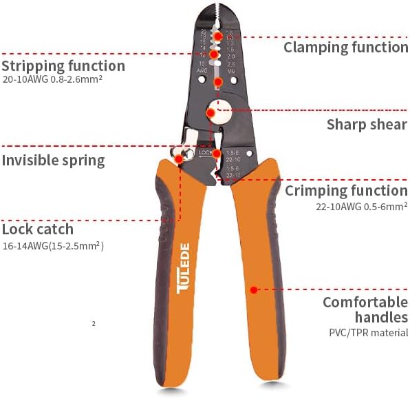 TULEDE 3 in 1 Wire Stripper Tool, 7.5 Inch Wire Stripper/Cutter/Crimping Tool for 10-20 AWG Solid and Stranded Wires, Come with Safety Lock & Invisible Spring, Made of 65Mn for Durability