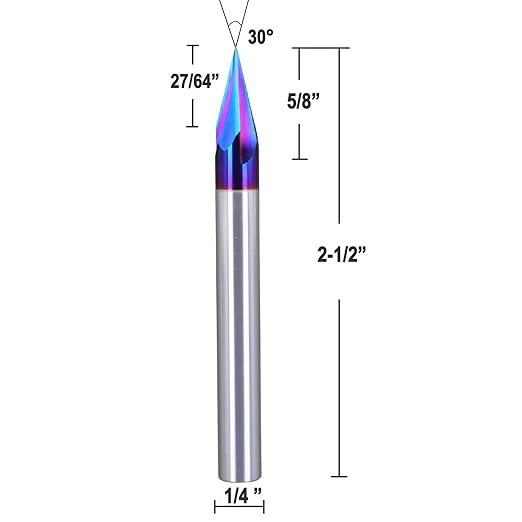 1/4" Shank 30 Degree Engraving Bit Carbide CNC Chamfer End Mill, 3-Flute V Groove Router Bit with Blue NACO Coating for Carving Engraving…