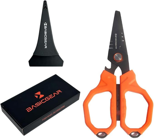 BasicGear Fishing Multi-Tool Scissors ??Titanium-Coated, Stainless Steel, Multi-Tool Cutter with Hook Adjuster, Screwdriver, Bottle Opener, Sheath & Non-Slip Grip for Saltwater or Freshwater Use