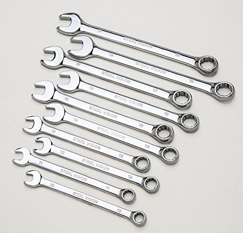 Steel Vision Tools 10 pc Metric Combination Wrench Set (10, 11, 12, 13, 14, 15, 16, 17, 18 & 19 mm) - Precision 12-Point Box End, Open-End Design, Full Polished Chromium-Vanadium Finish