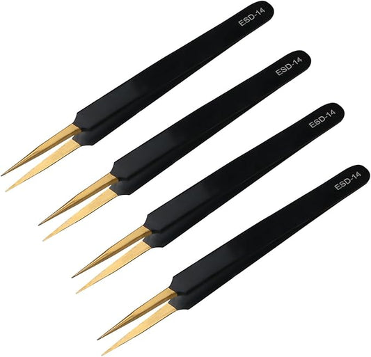 4pcs ESD-14 black and gold high-end tweezers, anti-static tweezers, stainless steel tweezers, card box packaging