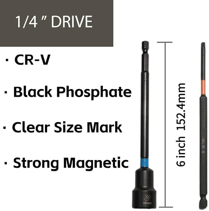 23 PCS Magnetic Nut Driver Set SAE & Metric, 6 Inch Extra Long Nut Driver Set for Impact Drill, Power Nut Setter, Extended Reach Nut Driver Bit Set 1/4"-9/16" 6-15mm PH1, PH2, SL5, T20