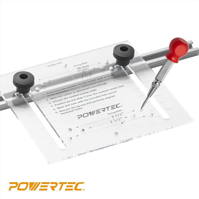 POWERTEC Cabinet Hardware Jig w/Center Punch, T Track & Stop Block, Drawer Jig for Installing Pulls, Knobs, Handle on Cabinet & Drawer, Woodworking Tools for Cabinet Handles Installation (71376)